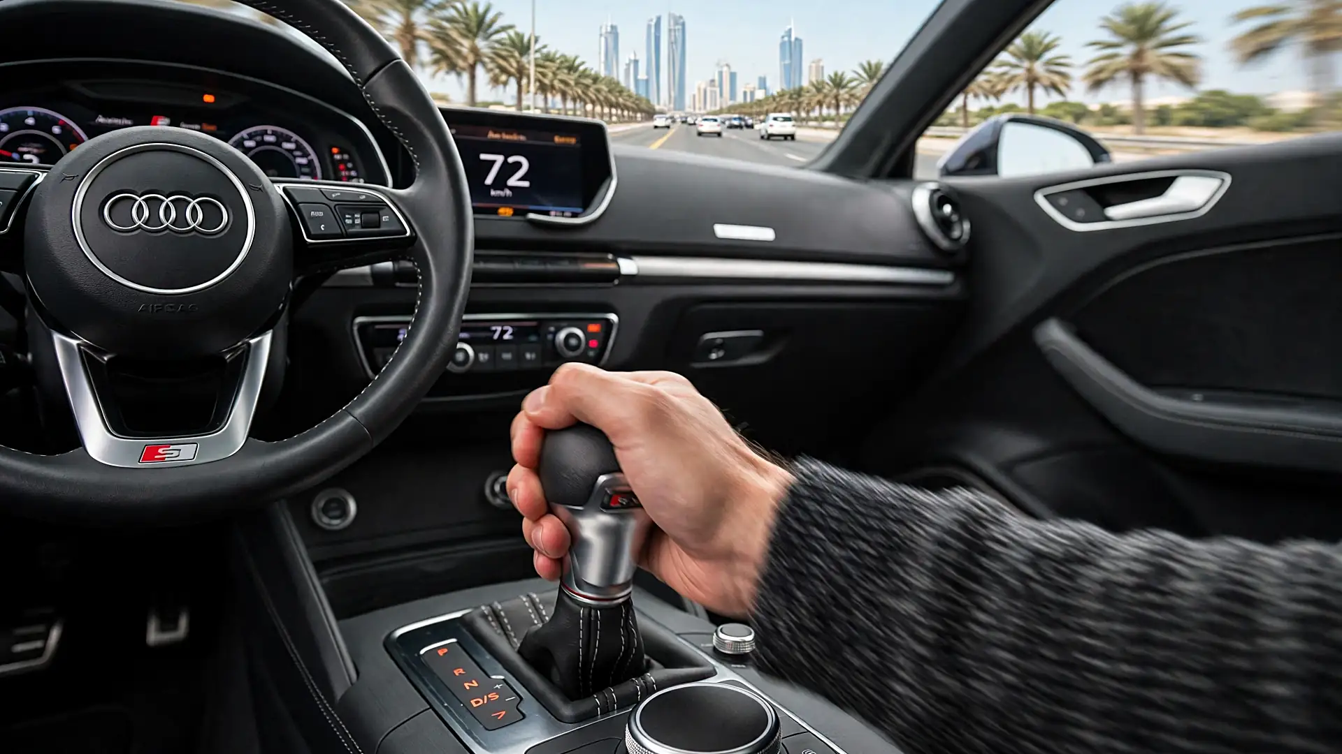 A driver changing gear with the S tronic selector of an Audi on a city road