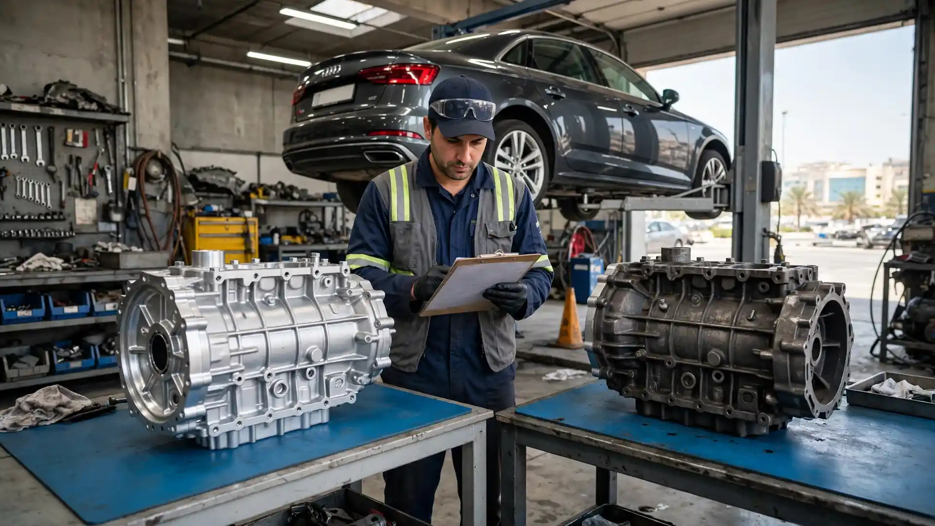 A new and a used Audi gearbox on workbenches while a technician checks a clipboard, with an Audi raised on a lift behind