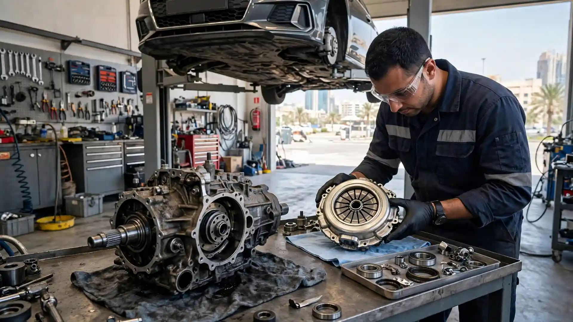 A technician inspecting a clutch pack beside a dual-clutch gearbox on the bench, with an Audi on the lift above
