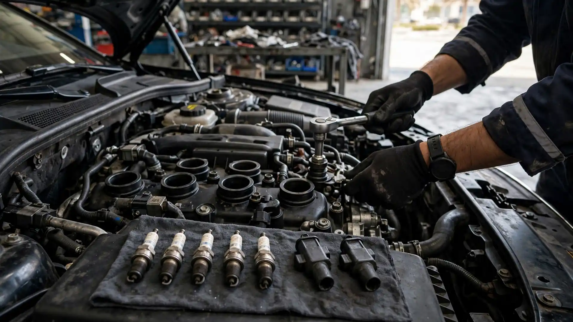 A technician replacing spark plugs and ignition coils in an engine bay